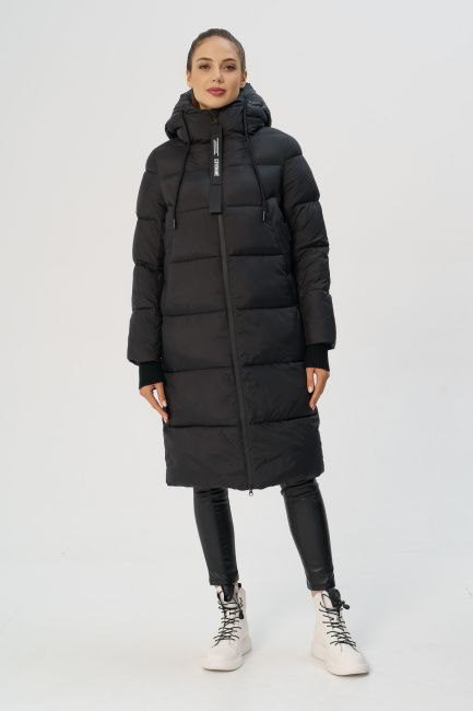 Пуховик жіночий San Crony довгий чорний із завищеними карманами з капюшоном на блискавці - Зображення 4